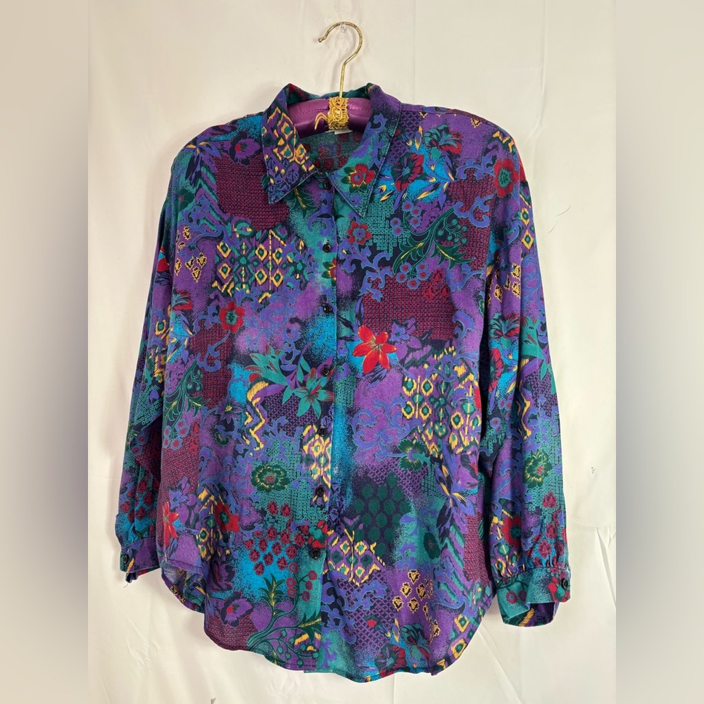 VTG 90s Structured Tropical Print Boho‎ Streetwear Button Up Blouse Size L-XL - Picture 10 of 13